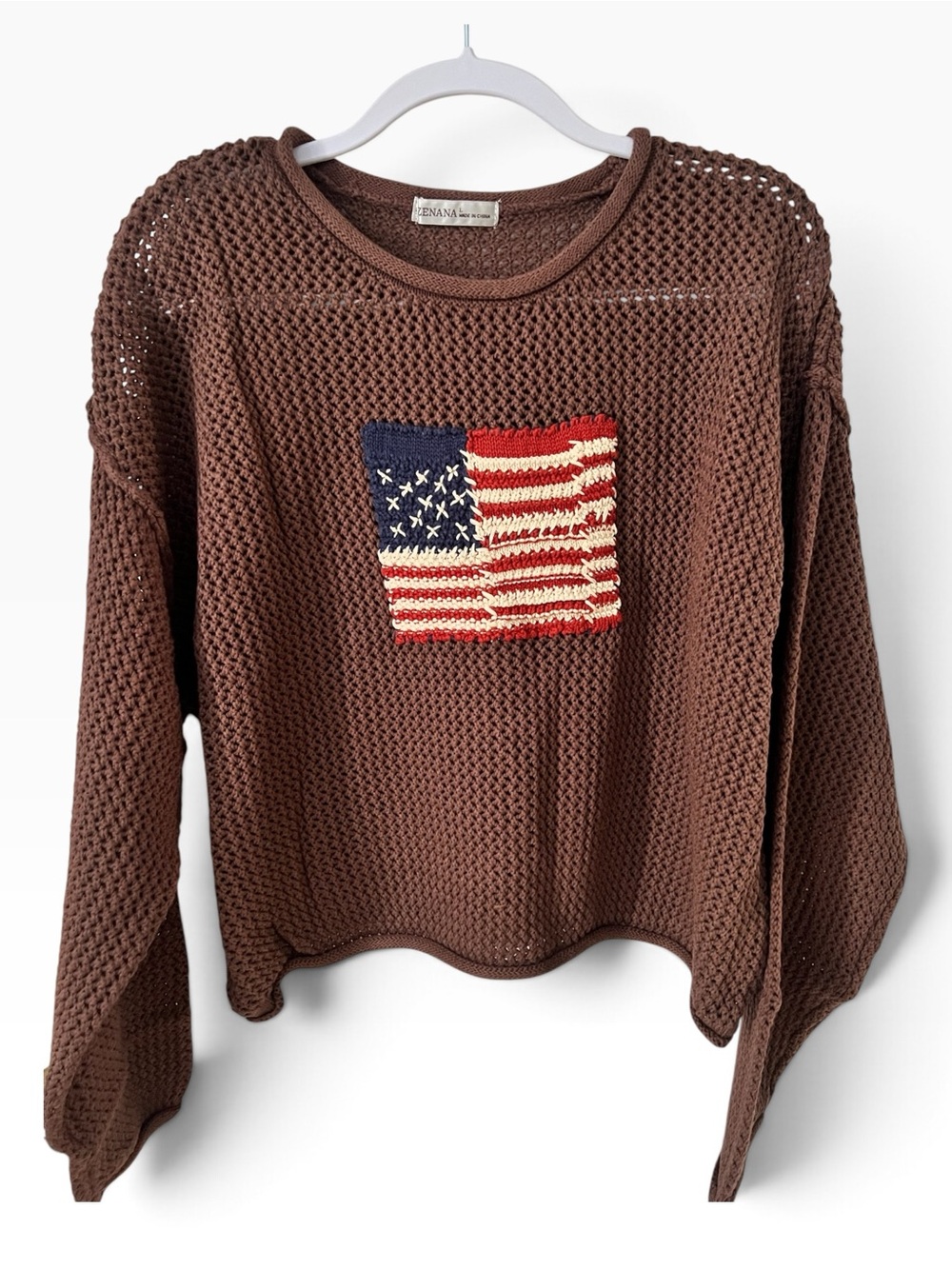 Zenana Brown Open-Knit American flag embroidered Crewneck Sweater - Picture 2 of 5